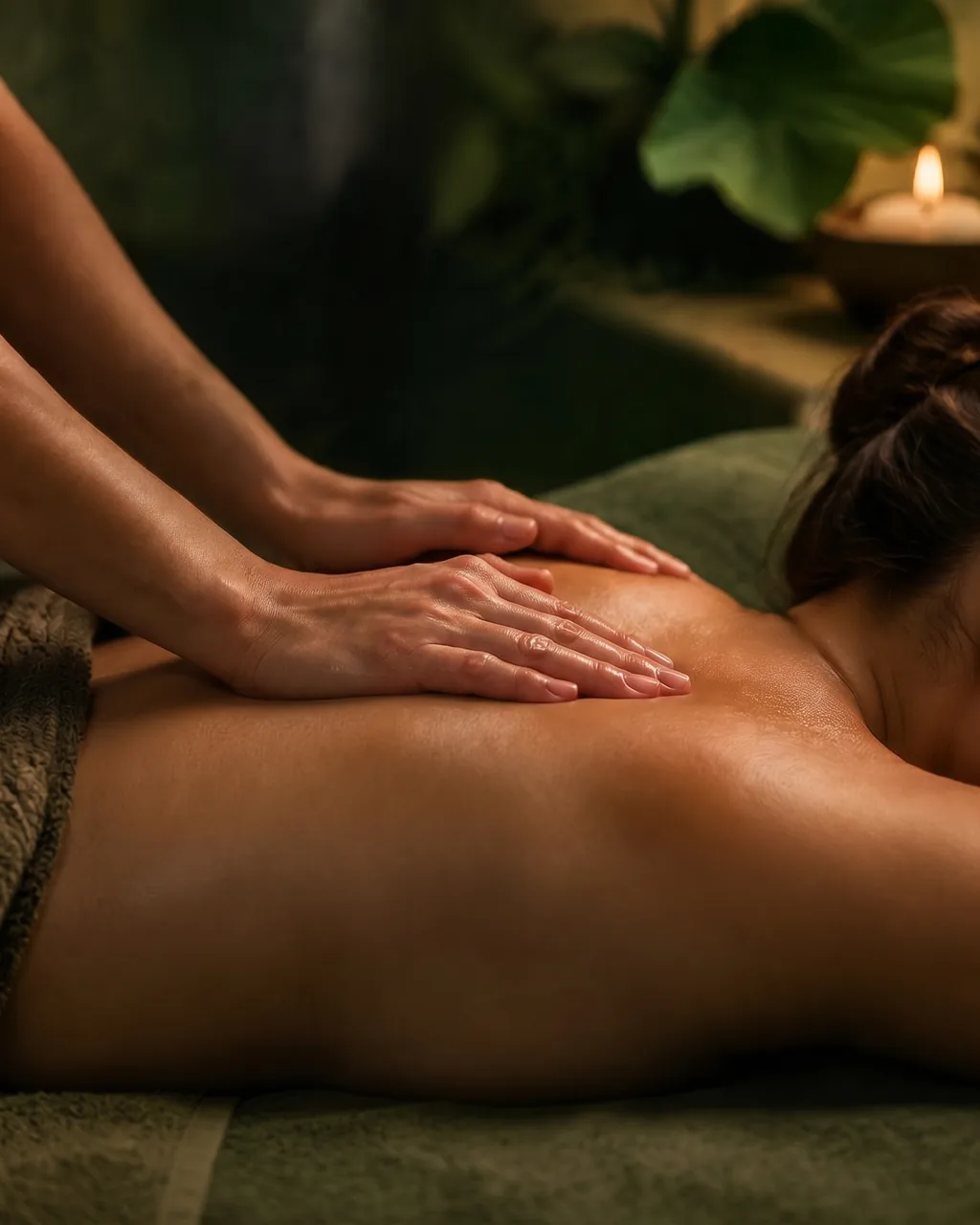 Mulher recebendo massagem nas costas em ambiente de iluminação acolhedora