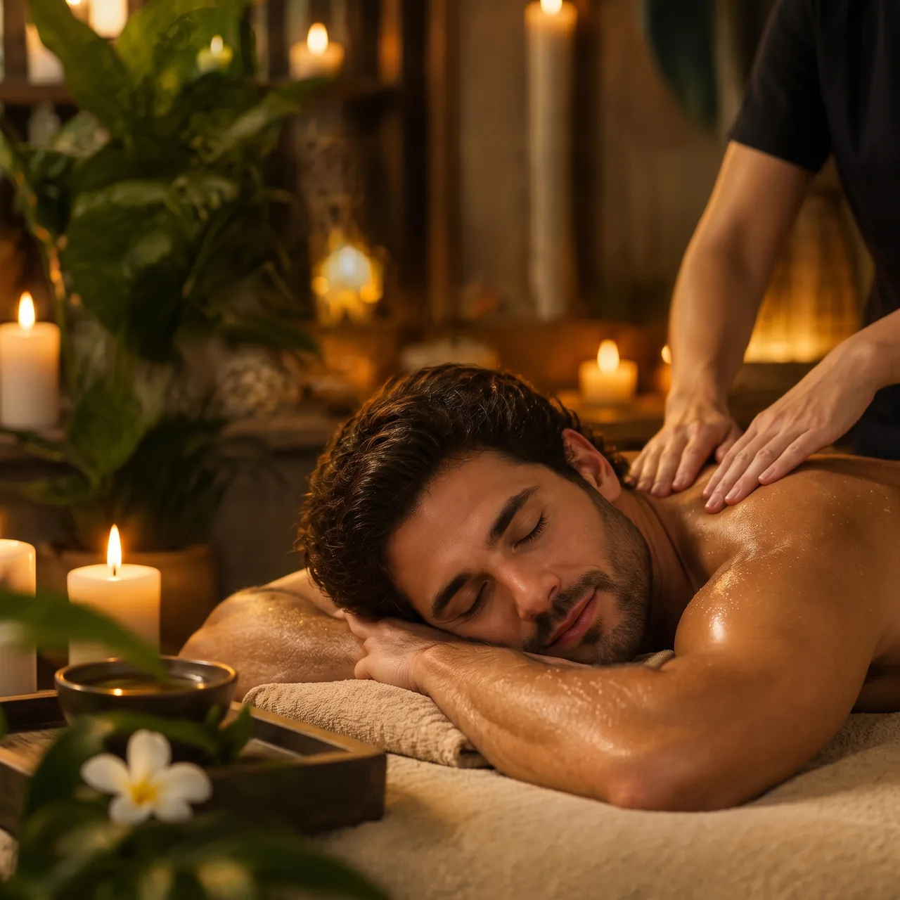 Homem recebendo massagem nos ombros em ambiente de iluminação acolhedora