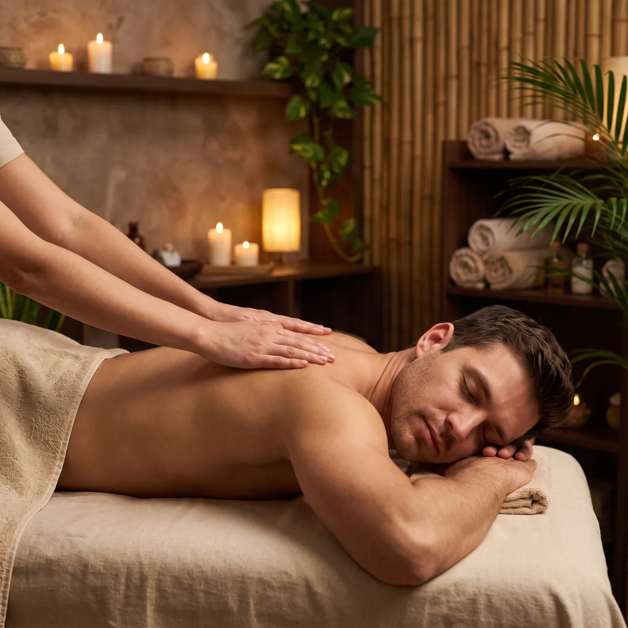 Homem recebendo massagem nas costas em ambiente com velas e iluminação acolhedora