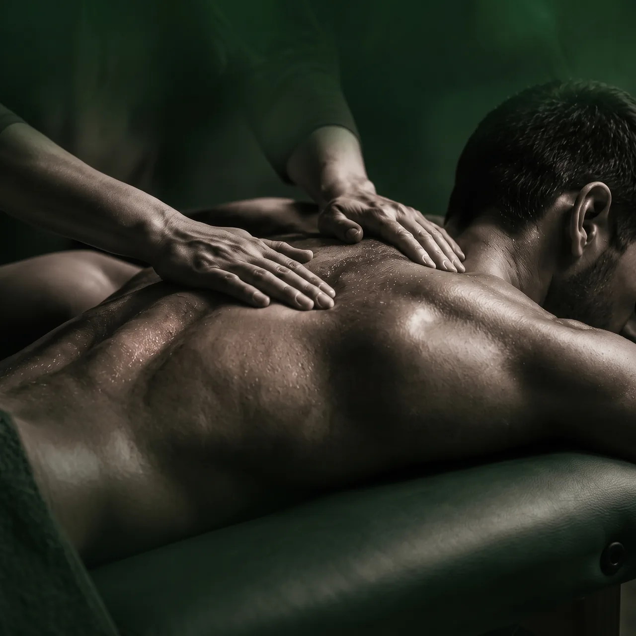 Detalhe das mãos durante uma massagem nas costas de um homem