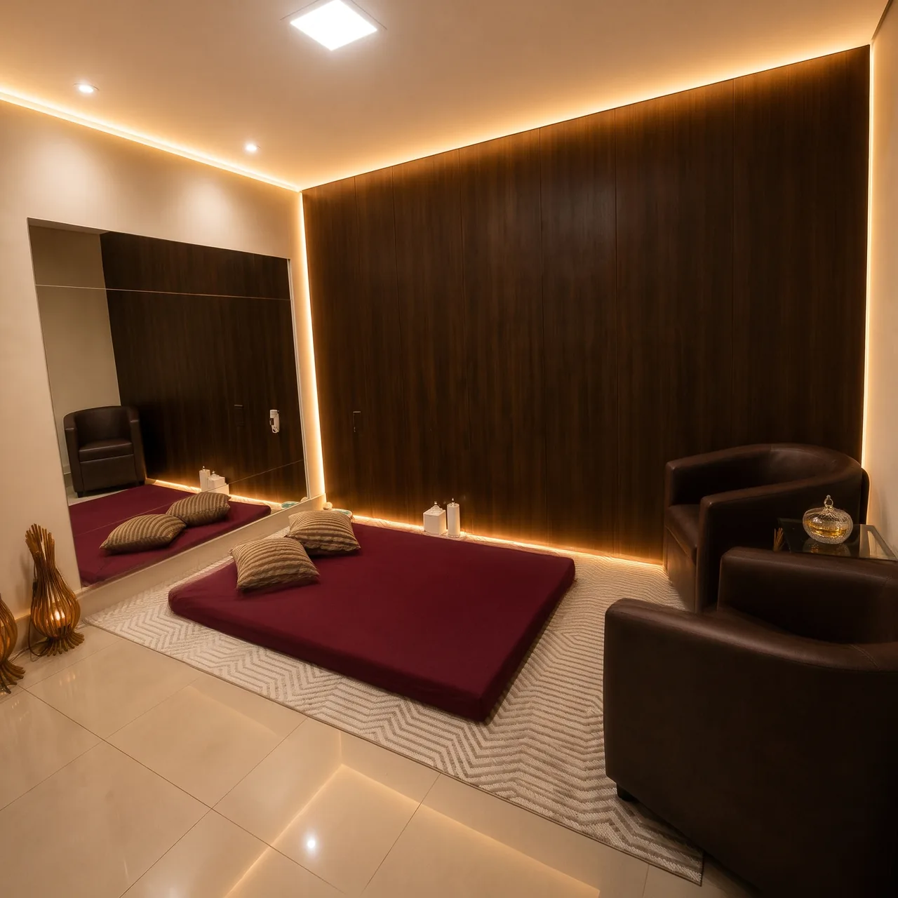 Sala reservada com colchonete vinho, almofadas e poltronas